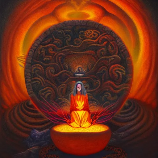 Image similar to a demon meditating near a zen garden with a lava waterfall in hell and opening a portal to heaven by amanda sage and anton semenov, oil on canvas 8k, dramatic lighting