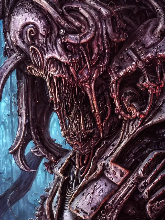 Image similar to portrait art of 8k ultra realistic undead eldritch horror corrupted space marine,decaying, cybernetic, full of colour, cinematic lighting, battered, trending on artstation, 4k, hyperrealistic, focused, extreme details,unreal engine 5, cinematic, masterpiece, art by ayami kojima, giger