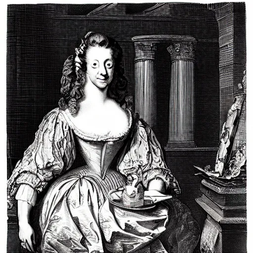 Image similar to Lady Britannia, by William Hogarth, crosshatching, 18th century art