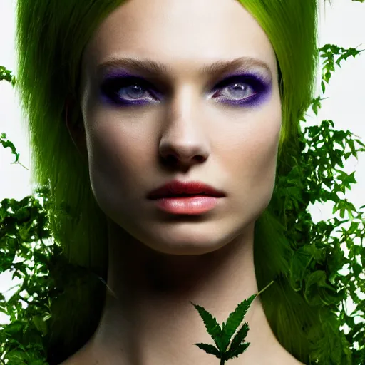 Image similar to A beautiful portrait of Daria Strokous smiling as Poison Ivy from Batman as a Versace fashion model Spring/Summer 2010, highly detailed, in the style of cinematic, Getty images, Milan fashion week backstage, Extreme close up, Makeup by Pat McGrath, Hair by Guido Palau, Greg rutkowski