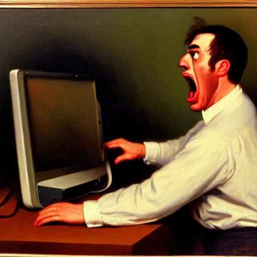 Prompt: an angry man yells at his computer monitor, oil on canvas, 1 9 0 1