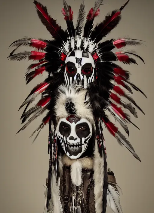 Prompt: the ghost - spirit of the grim - warpaint wears the scarlet skull armor and native blood headdress feathers, midnight fog - mist!, realism, cinematic lighting, various refining methods, micro macro autofocus, ultra definition, award winning photo