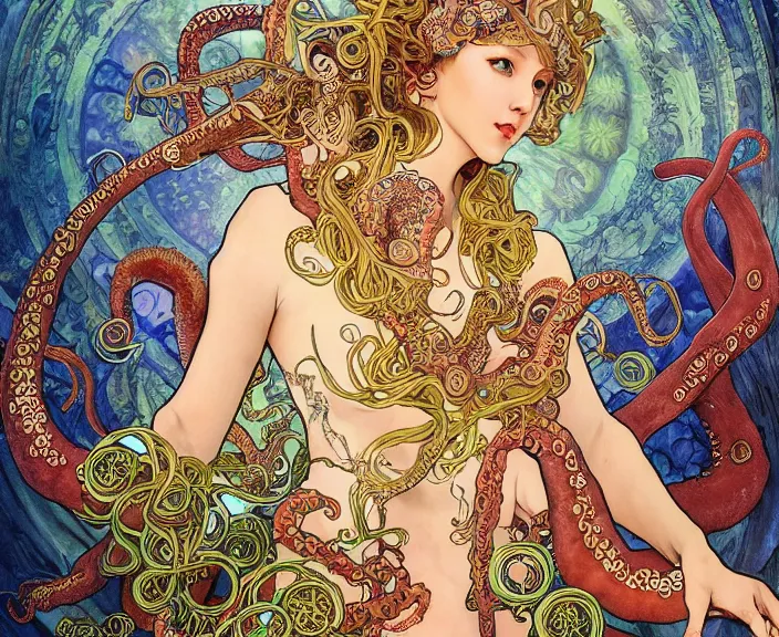 Image similar to portrait of an octopus goddess, full body shot, rule of thirds, wide angle, amazing landscape in background, fantasy, whimsical, horror, art by chengwei pan and alphonse mucha and josephine wall and amanda sage, intricately detailed, highly detailed, luxurious, elegant, clean, unsettling, trending on artstation