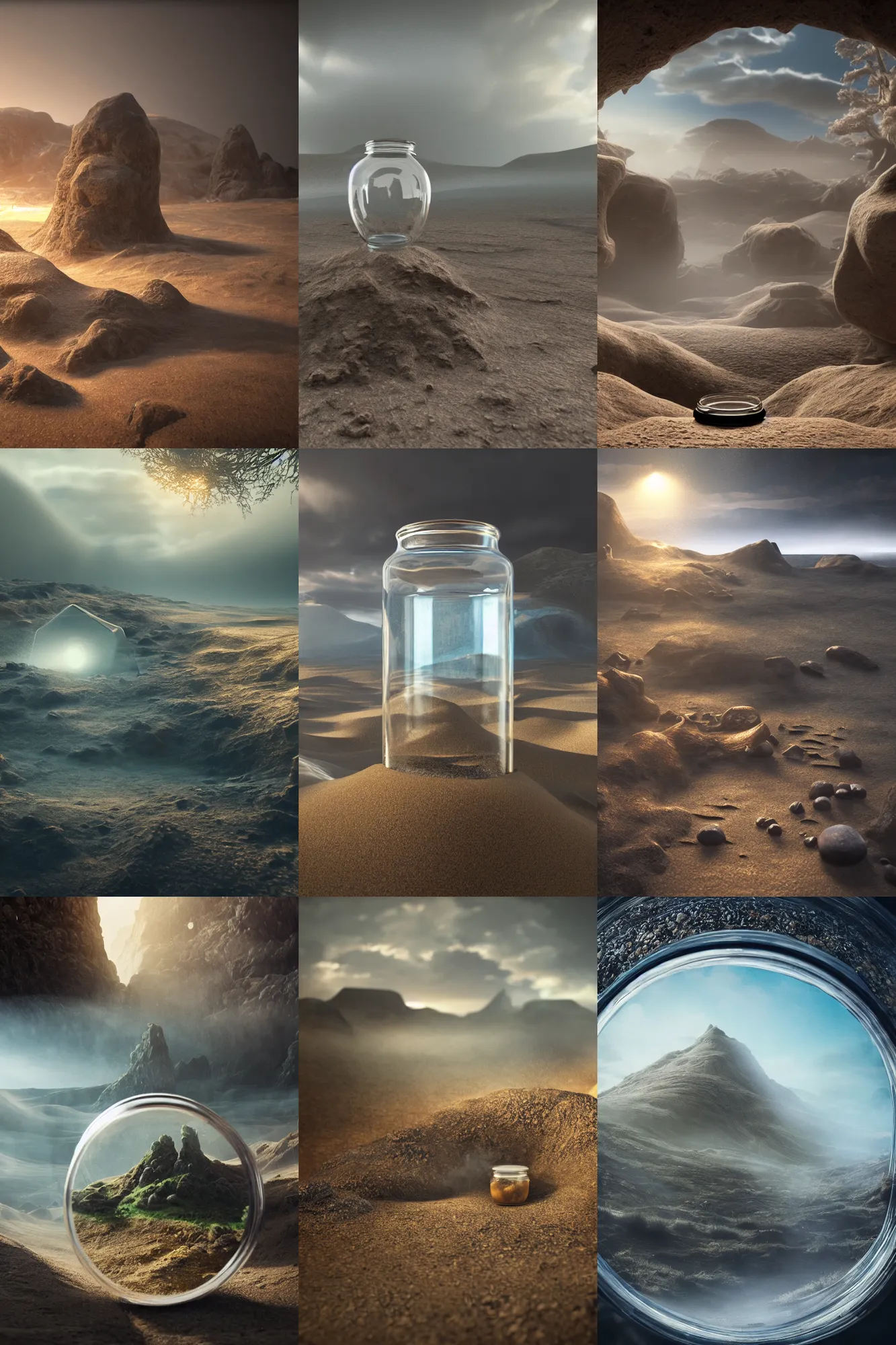 Prompt: scottish landscape, inside a glass jar buried in sand, intricate detail, volumetric lighting, epic composition, hyper detailed, ultra realistic, sharp focus, octane render, volumetric, ray tracing, sense of awe, swirling mist