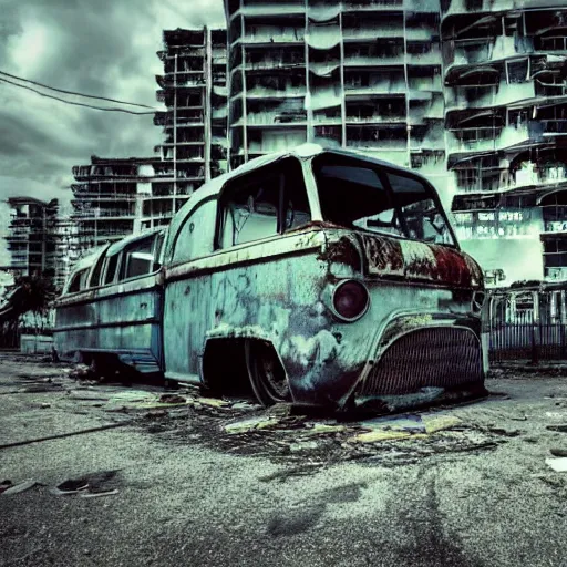 Image similar to low wide angle shot of dilapidated fallout 5 miami, tropical coastal city, desolate, dilapidated neon signs, few rusted retro futuristic vintage parked vehicles like cars, buses, trucks, trams, sunny weather, few clouds, volumetric lighting, photorealistic, daytime, spring, sharp focus, ultra detailed, 4 0 0 0 k