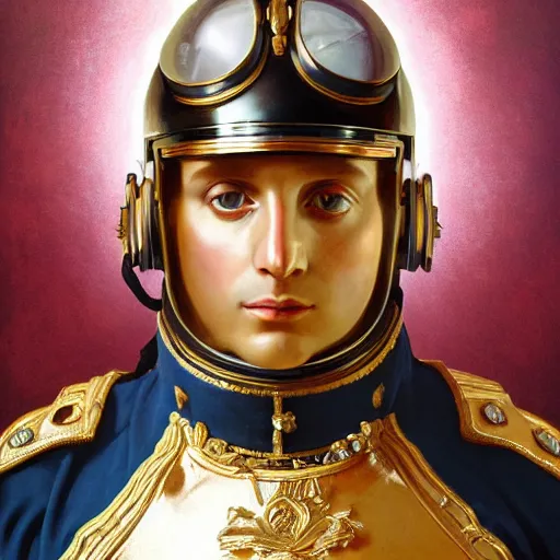 Prompt: portrait of divine emperor napoleon bonaparte, handsome, astronaut, glass visor, dieselpunk steampunk napoleonic french baroque, metal shoulder pauldrons, intricate, highly detailed, digital painting, artstation, concept art, sharp focus, cinematic lighting, illustration, art by artgerm and greg rutkowski, alphonse mucha, cgsociety