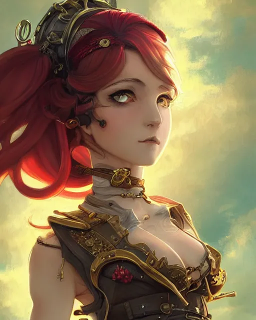 Image similar to a beautiful close up portrait 2D illustration of a young female steampunk pirate wearing leather armor on gold and red trimmings on green, by Charlie Bowater, tom bagshaw, Artgerm and Lois Van Baarle, beautiful anime face, very cool pose, pirate ship with an epic sky background, slightly smiling, cinematic anime lighting and composition, fantasy painting, very detailed, ornate, trending on artstation and pinterest, deviantart, google images