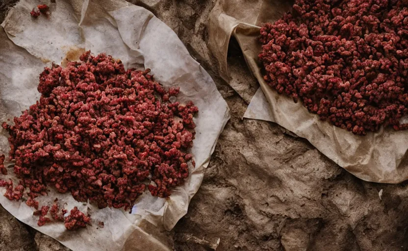 Image similar to a pile of ground beef, outdoors, product photography