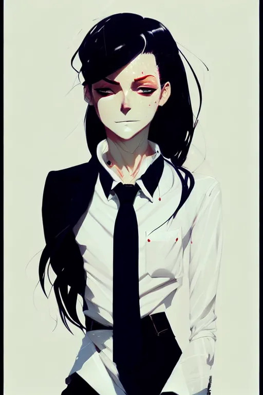 Image similar to a ultradetailed beautiful panting of a stylish woman, she is wearing a white shirt with a tie and black pants, by conrad roset, greg rutkowski and makoto shinkai trending on artstation