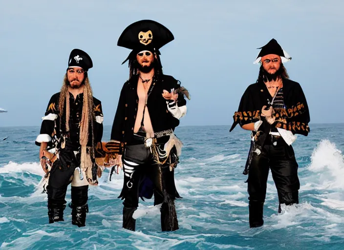 Image similar to Pirates on the open sea, dressed as punk rockers