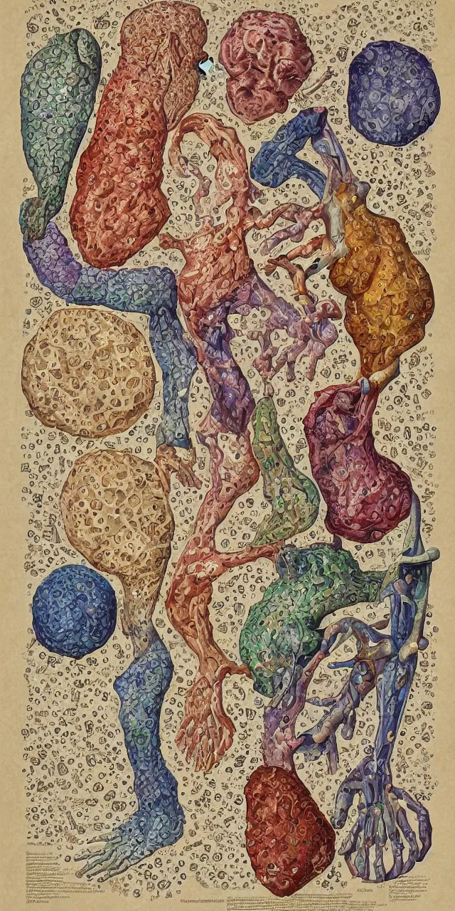 Prompt: an open page of the voronoi manuscript, depicting a digital painting of human anatomy, extremely detailed, professional, epic highlights, full colors