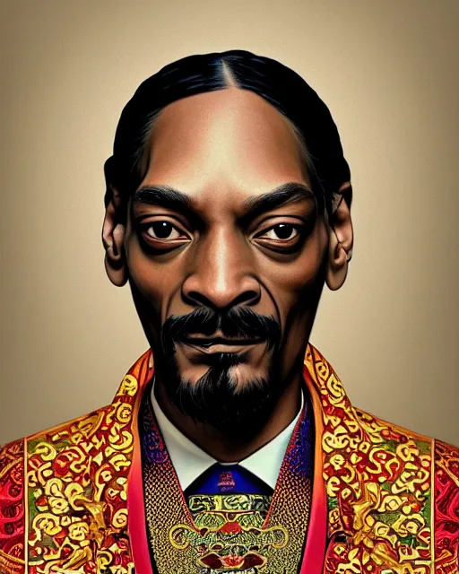 Image similar to portrait of snoop dogg, machine face, upper body, decorated with chinese opera motifs, asian, traditional chinese art, intricate, elegant, highly detailed, digital painting, artstation, concept art, smooth, sharp focus, illustration, art by artgerm and greg rutkowski and alphonse mucha, 8 k