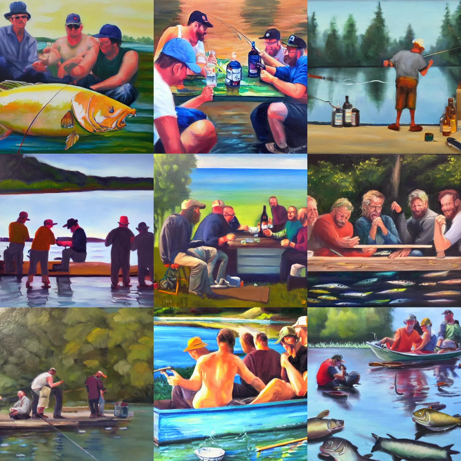 Prompt: 7 good friends binge drinking and 1 guy fishing, oil painting