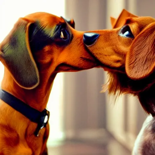 Prompt: lady and the tramp kissing scene but its a dachshund