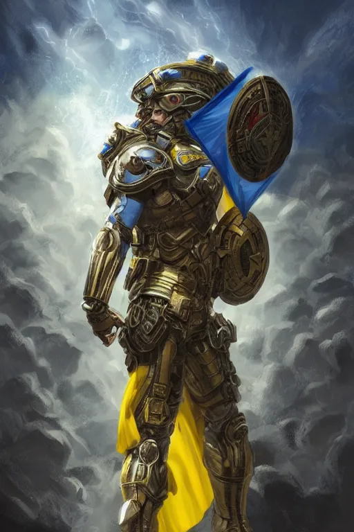 Image similar to an accurate picture of a super soldier with a Ukrainian blue and yellow stripes flag standing in the beam of light from the clouds on a pile of skulls as a winner, masculine figure, D&D, fantasy, intricate, elegant, highly detailed, extremely detailed, digital painting, artstation, concept art, matte, sharp focus, symmetrical, illustration, art by Artgerm and Greg Rutkowski and Alphonse Mucha