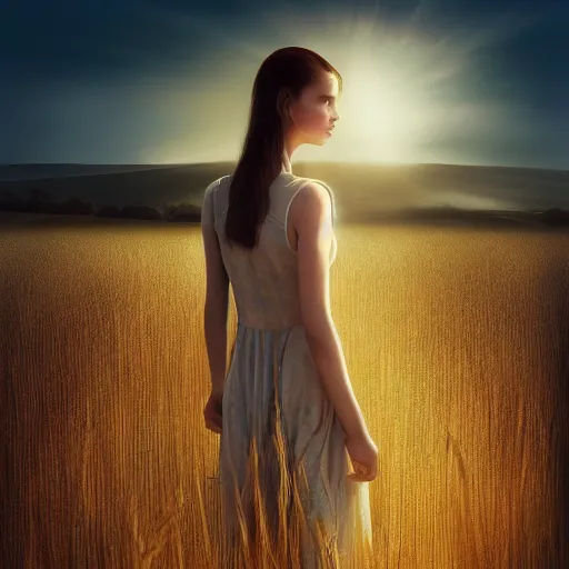 Image similar to close-up shot, a beautiful painting of a girl in a airy semi-transparent thin light dress standing in the glowing wheat fields, mystical setting, afternoon sun, long shadows, photo from the back, by Mark Ryden, artgerm, Bekzinski, WLOP, Felix Kelly and Ross Tran, trending on artstation