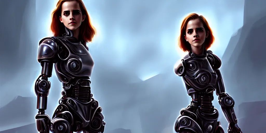 Image similar to emma watson, chrome robot, matte oil painting, retrofuturistic, colorful, concept art, science fantasy, rpg, epic, dungeons & dragons, sharp focus, award - winning, extremely detailed, 4 k, 8 k