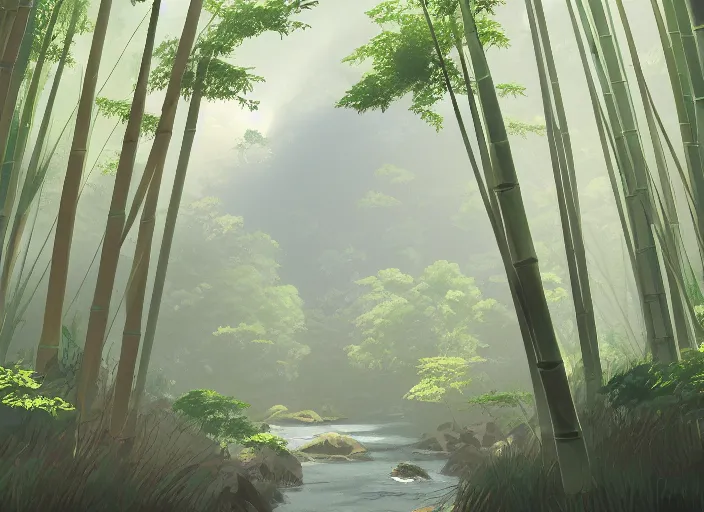 Prompt: deep in a misty japanese bamboo forest, small river, mountain background, sunny, cartoony, 9 0 s anime style, soft, moody lighting, by ghibli studio, makoto shinkai, toei animation, studio trigger, trending on artstation, 4 k, hd