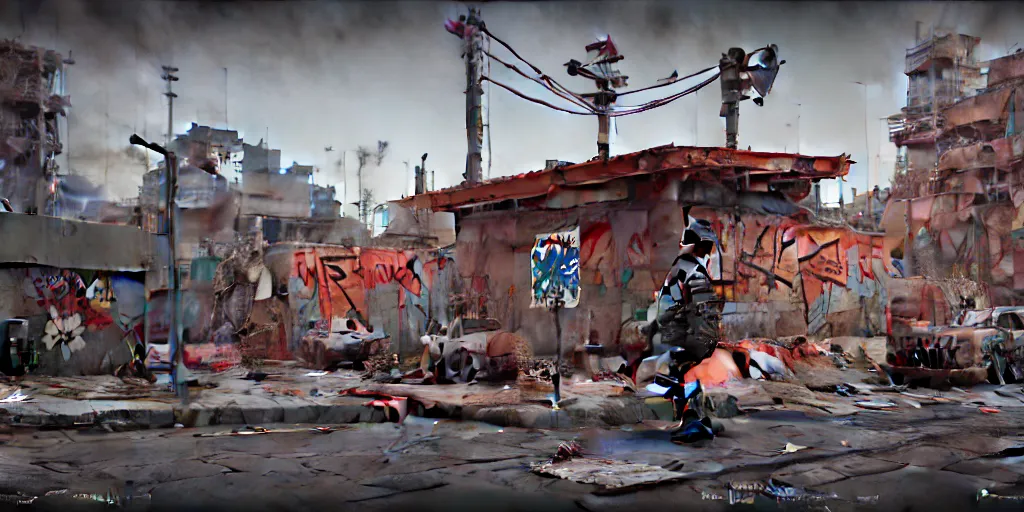 Image similar to graffiti in the style of ian mcque, brian sum, jamie hewlett, battlescared, damaged, hyperrealism, hyperrealistic, redshift render, hard surface modeling,