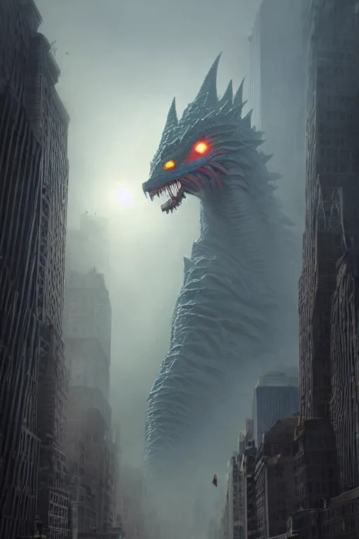 Image similar to kaiju in new york, highly detailed, d & d, volumetric fog, fantasy, highly detailed, digital painting, trending on artstation, concept art, sharp focus, illustration, global illumination, ray tracing, realistic shaded, art by artgerm and greg rutkowski and fuji choko and viktoria gavrilenko and hoang lap, sunny