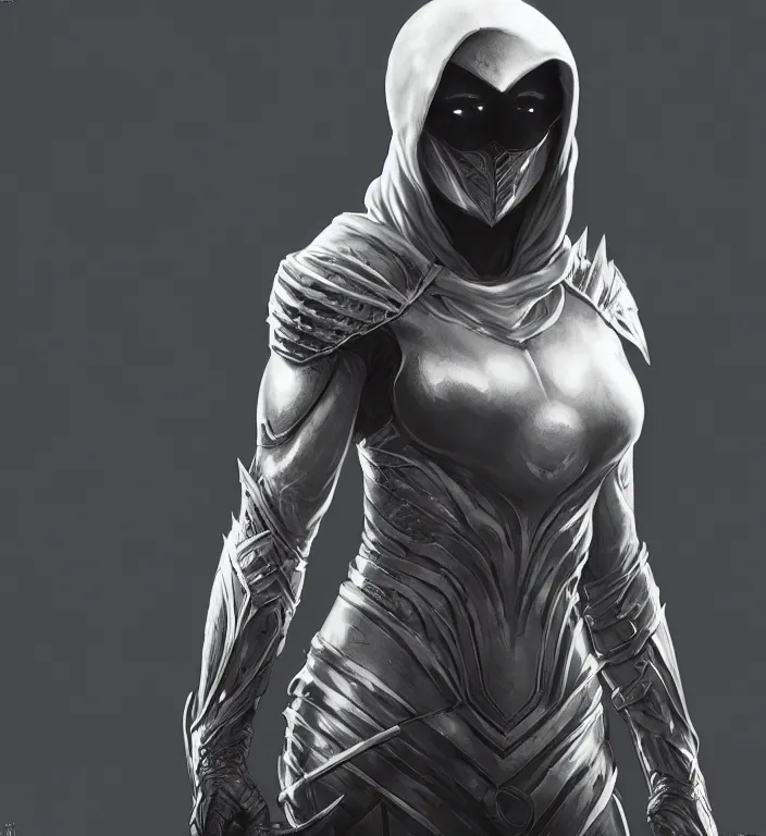 Image similar to female moon knight, hyper detailed, digital art, trending in artstation, cinematic lighting, studio quality, smooth render, unreal engine 5 rendered, octane rendered, art style by klimt and nixeu and ian sprigger and wlop and krenz cushart