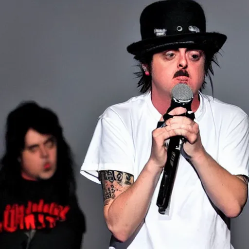 Image similar to billie joe on the stage looking bored and irritated. kid rock is in the middle with wendy.