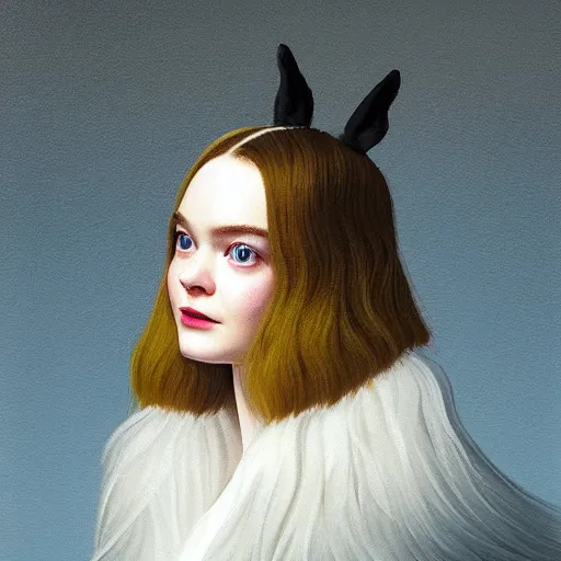 Image similar to Elle Fanning holding a Yorkshire Terrier in the style of Lady with an Ermine, head and shoulders portrait, stormy weather, extremely detailed masterpiece, oil on canvas, low-key neon lighting, artstation, Blade Runner 2049, Roger Deakin’s cinematography, by J. C. Leyendecker and Peter Paul Rubens and Edward Hopper and Michael Sowa,