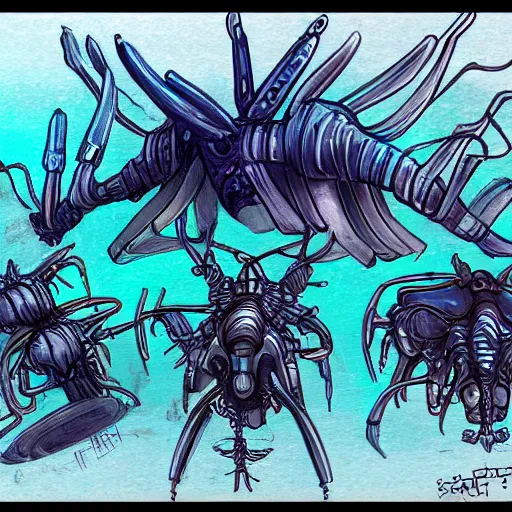 Prompt: concept art sketch of a cyberpunk insectoid underwater alien and its minions