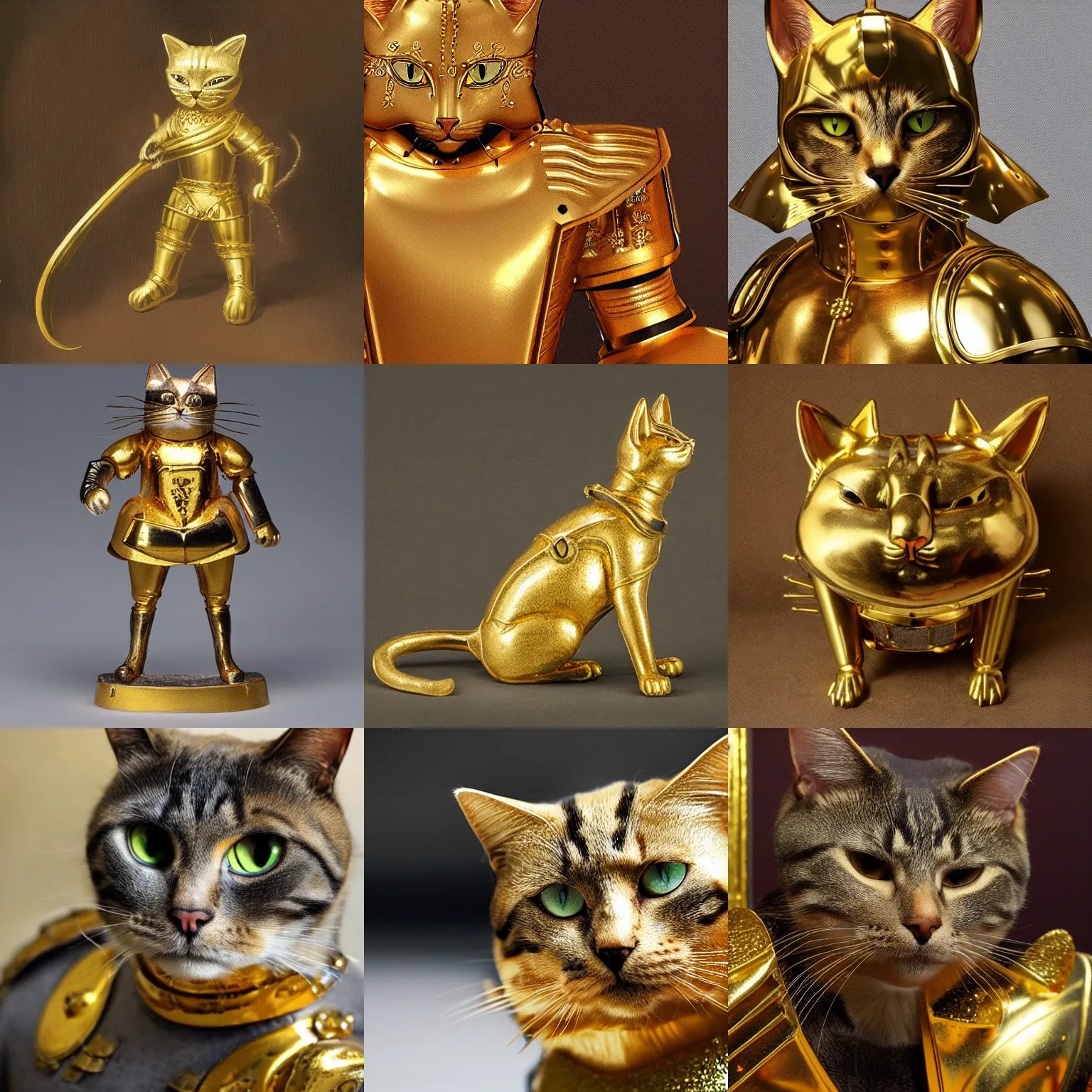 Prompt: a cat with a gold plated armor