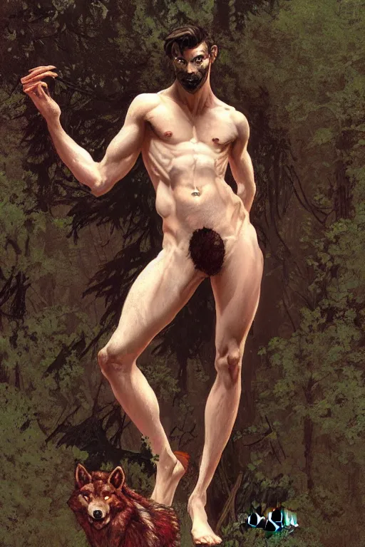 Prompt: full figure portrait of a beautiful young fit male werewolf, wolf head, partially male hairy torso, fur covered legs, by greg rutkowski and alphonse mucha, d & d character, gradient red to black, in front of a forest background, highly detailed portrait, digital painting, artstation, concept art, smooth, sharp focus ilustration, artstation hq