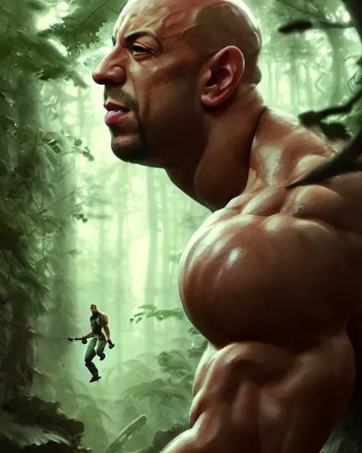 Image similar to gigachad luigi bodybuilder fighting like vin diesel in forest, fantasy character portrait, ultra realistic, anime key visual, full body concept art, intricate details, highly detailed by greg rutkowski, ilya kuvshinov, gaston bussiere, craig mullins, simon bisley