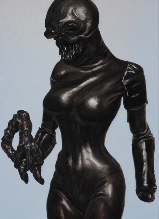 Image similar to oil painting of female monster full figure made out of black latex, full body armor, horror