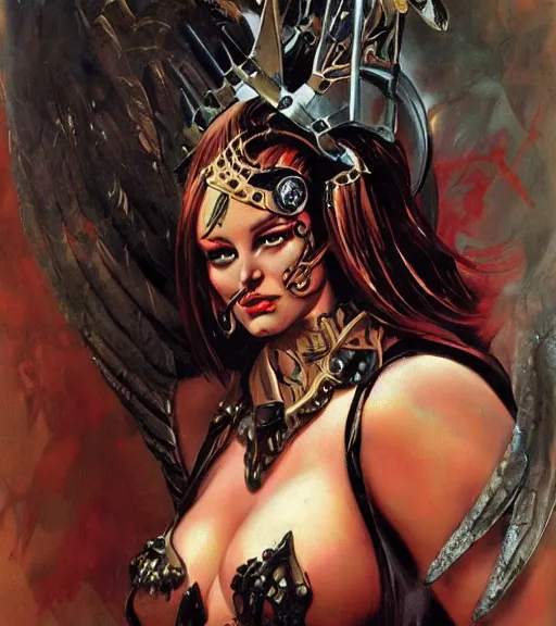 Image similar to portrait of plus size female chaos angel, beautiful! coherent! by frank frazetta, by brom, strong line, deep color, spiked metal armor, maximalist