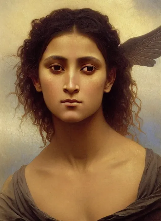 Prompt: portrait of beautiful young angelic Maori female model, with facial tattoo, golden hour lighting William Adolphe Bouguereau, C F Goldie, Gottfried Lindauer