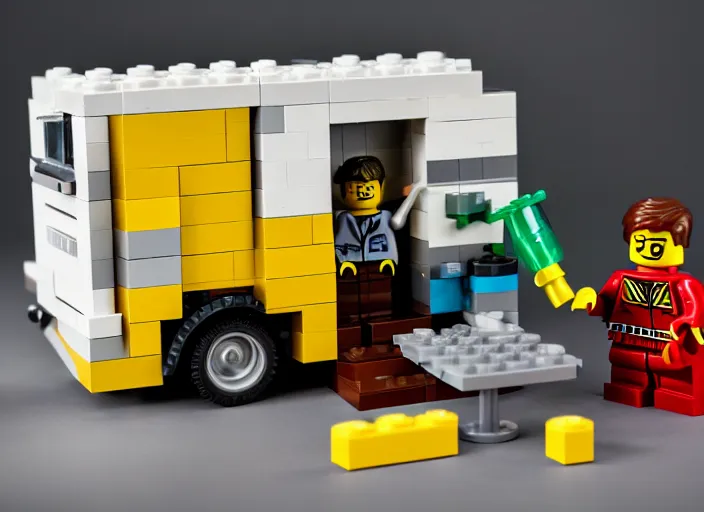 Image similar to product photo still of lego!!!! walter white!!!! with a lego winnebago in the background, 8 k, 1 2 0 mm macro, f 1. 8, studio lighting, key light