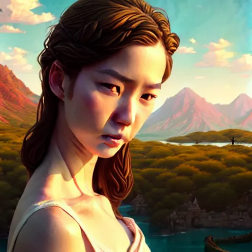 Image similar to a beautiful scenic painting by artgerm and wlop and wes anderson and spike jonze