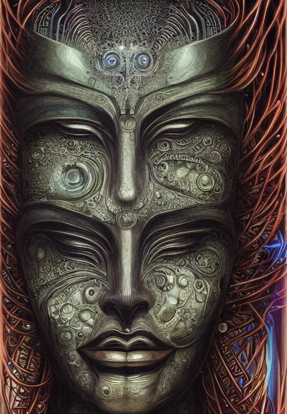 Image similar to perfectly centered portrait, front view of a beautiful biomechanical cyberpunk alien android robot buddha, female, flowing hair, intense stare, sarcastic smile, symmetrical, concept art, intricate detail, volumetric shadows and lighting, realistic oil painting by alex grey and h. r giger,