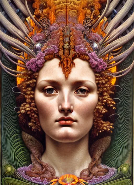 Image similar to hyperrealistic detailed face portrait of the beautiful goddess of the vulcanos with an intricate headgear of a beautiful erupting vulcano with landscape, art by ernst haeckel, john william godward, android jones, alphonso mucha, h. r. giger, gothic - cyberpunk, ornamental, dimmed pastel colours,