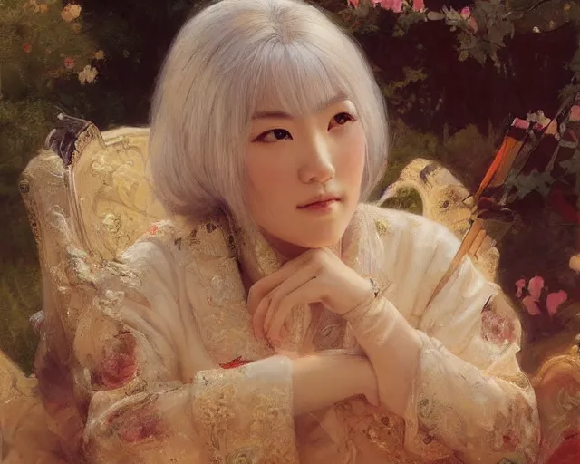 Image similar to a japanese princess young lady, with white hair and bangs!!!! beauty. highly detailed painting by gaston bussiere, craig mullins, j. c. leyendecker 8 k