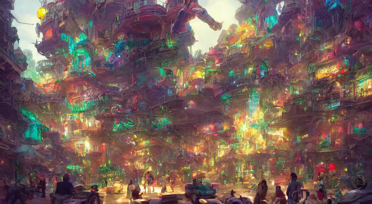 Image similar to bazaar zouk place aladin block greeble multicolorful sky shine mattepainting, street art, trending on artstation, by huang guangjian and gil elvgren and sachin teng