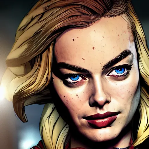 Image similar to margot robbie portrait, borderlands, tales from the borderlands, the wolf among us, comic, cinematic lighting, studio quality, 8 k