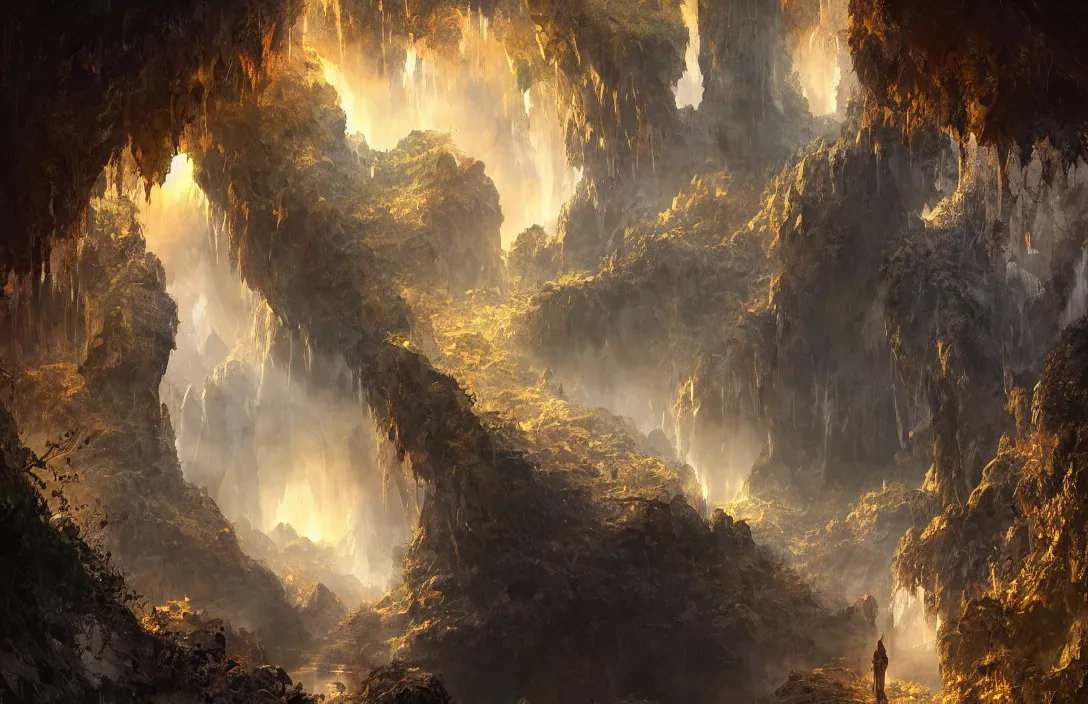 Image similar to a huge cave with a light portal far away in the style of stephan martiniere, detailed dreamscape, hyperreal phantastic, intricate details in environment, golden ratio, high aestehtic, waterfalls and lakes, cinematic light dramatic light, lightrays, flying birds in distance, trending on artstation