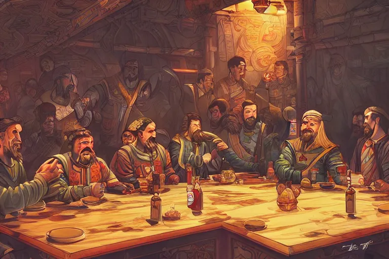 Image similar to Genghis Khan drinking at a table, shanghai, detailed faces, digital art, beautiful lighting, happy atmosphere, trending on artstation, by Dan Mumford, by Artgerm, matte art