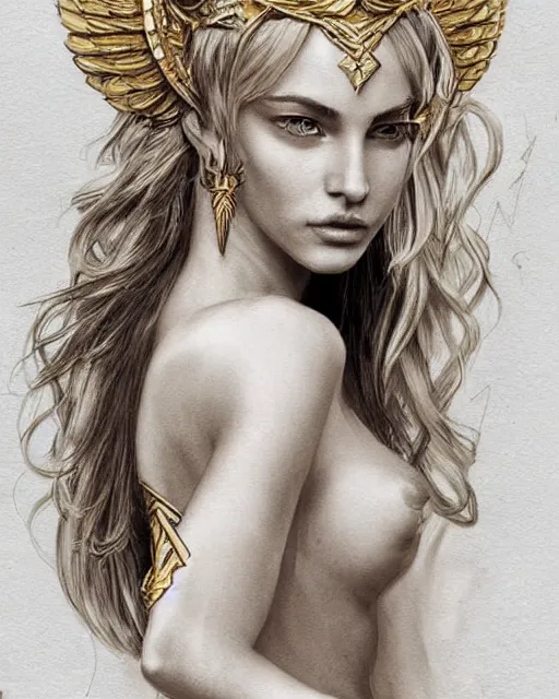 Image similar to tattoo design sketch of hot blonde super model as aphrodite greek goddess wearing a gold laurel wreath and triangle earrings, beautiful piercing gaze with sharp pupils, in the style of greg rutkowski, fantasy, amazing detail, epic, elegant, smooth, sharp focus, front view