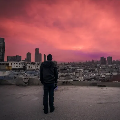 Prompt: man watching post apocalyptic city with burning red sky