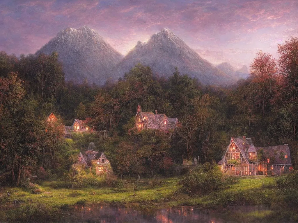 Prompt: a witchhouse with lighted windows in a woodland, mountain in background, evening mood, pink clouds in the sky, by clive madgwick