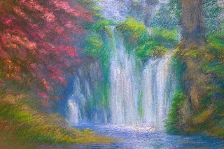 Prompt: beautiful landscape, waterfall, impressionist, masterpiece, pastel, muted