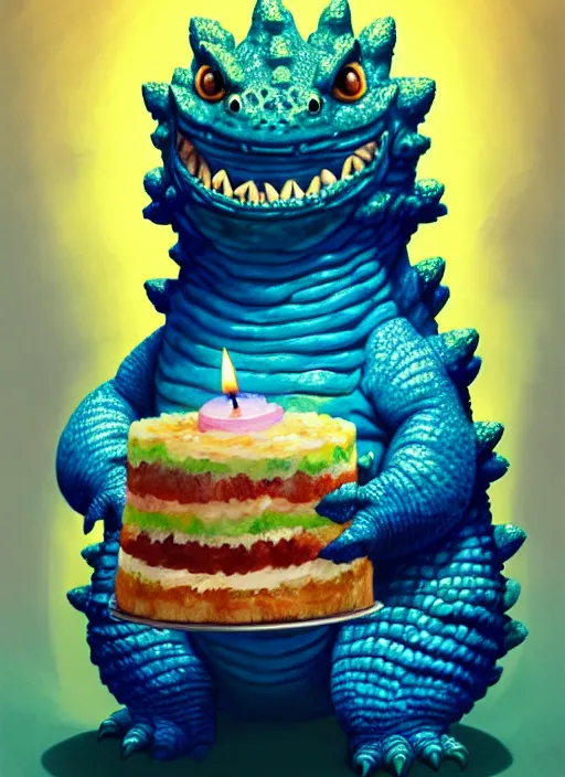 Image similar to portrait of a happy small fat blue godzilla with a birthday cake, wearing a funny rainbow hat, intricate, elegant, candle light, highly detailed, digital painting, artstation, concept art, smooth, sharp focus, illustration, art by wlop, mars ravelo and greg rutkowski