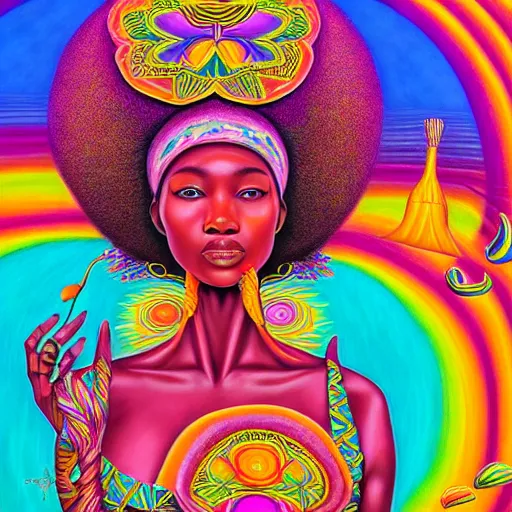 Image similar to a regal and elegant african queen with a colorful afro sitting in a cabana on top of an extremely large steampunk elephant near a pink lake with a large glowing baobab tree, by amanda sage and alex grey and evgeni gordiets in a surreal psychedelic style, oil on canvas 8k, hd