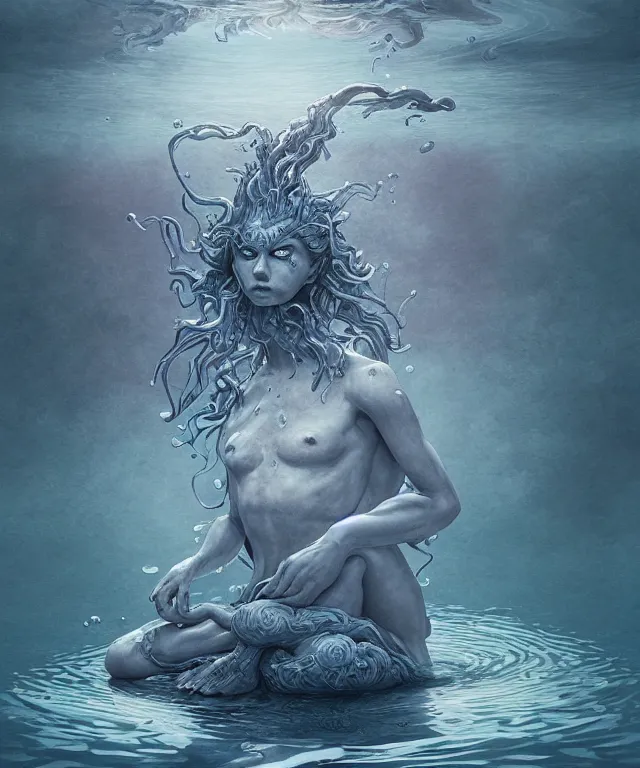 Image similar to a water demon meditating and floating, centered composition, crisp 8 k line art, digital painting, artstation, unreal engine, octane render, emissive lighting, concept art, matte, sharp focus, hyper realistic lighting, illustration, art by junto ito and takato yamamoto and james jean